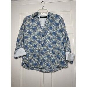 Harve Benard Women's XL Button-Up Blue Floral Shirt 3/4 Sleeve Contrast Pattern
